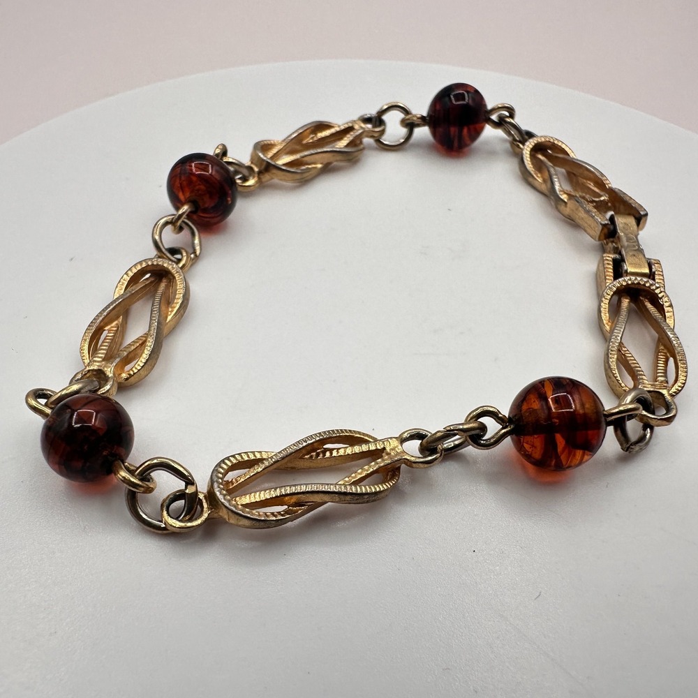 Vintage 90s Avon Gold Tone Amber Lucite Beaded Tortelle Bracelet Women's Jewelry